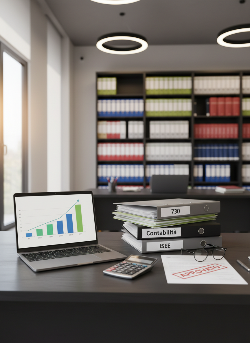 A meticulously organized accountant’s desk in a modern Italian tax consultancy office, seen in photographic realism. At the center, a sleek dark-wood desk supports an open laptop showing a bar chart, neatly stacked folders labeled “Contabilità”, “730”, “ISEE”, and a stamped document marked “Approvato”. A calculator, metal pen, and a pair of reading glasses rest beside a clean white notepad. In the background, blurred shelves of neatly arranged ring binders and law books create depth. Soft afternoon daylight filters through a large window, combined with warm overhead lighting, casting gentle shadows and subtle reflections on the desk’s surface. Shot at eye level with a shallow depth of field, the scene feels professional, orderly, and reassuring, ideal for conveying clear, reliable fiscal consulting.