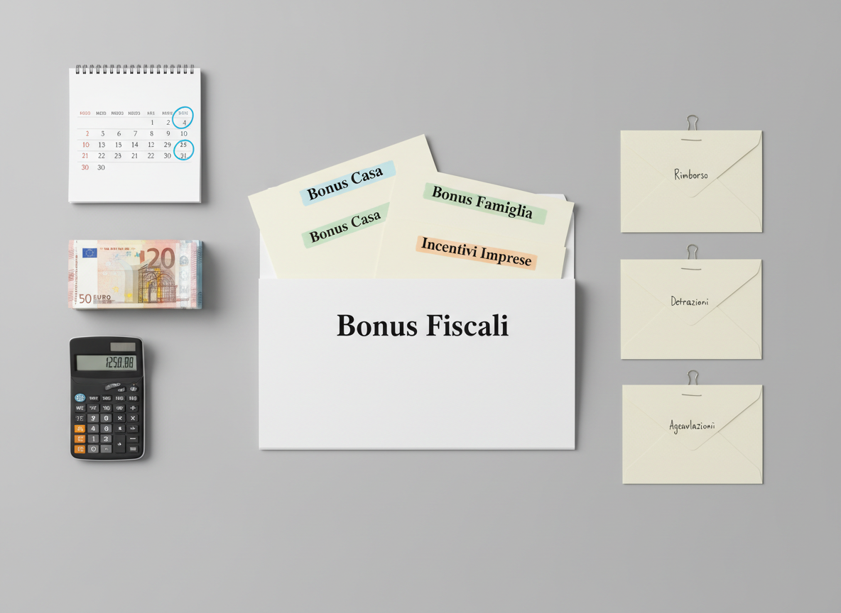 A carefully composed, photographic realism flat lay of administrative and bonus-related documents on a smooth, light grey surface, representing assistance with Italian bonuses and benefits. Centered is a crisp folder labeled “Bonus Fiscali” containing printed summaries of “Bonus Casa”, “Bonus Famiglia”, and “Incentivi Imprese”, each highlighted with colored markers. Around it, small labeled envelopes for “Rimborso”, “Detrazioni”, and “Agevolazioni” are clipped with metal paper clips, alongside a tidy stack of euro banknotes and a calculator displaying a rounded total. A minimalist wall calendar page with several dates circled in blue sits at the top edge. Soft overhead studio lighting creates even illumination and delicate shadows, enhancing a calm, organized mood. Shot perfectly from above, the composition is clean, modern, and informative, ideal to suggest clarity in navigating complex bonus and incentive procedures.