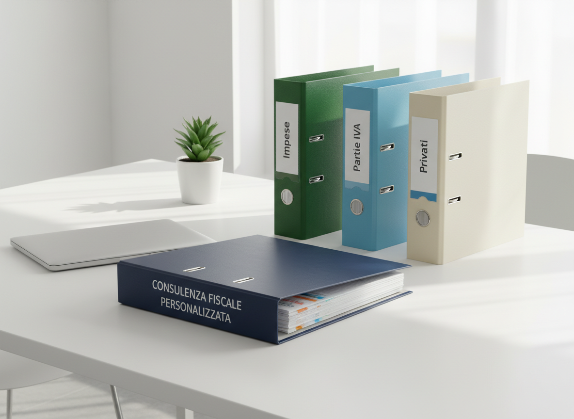 A bright, photographic realism scene of a modern meeting table prepared for a fiscal consulting session, without any people present. In the center rests a thick, navy-blue folder embossed with “Consulenza Fiscale Personalizzata” in silver letters, slightly open to reveal printed schedules and checklists. Around it, color-coded ring binders labeled “Imprese”, “Partite IVA”, and “Privati” stand neatly aligned, with metal tabs catching the light. A slim laptop is closed beside a small plant in a white ceramic pot, adding a touch of calm greenery. Natural daylight from a large unseen window bathes the white table, creating soft shadows and a fresh, airy feel. Captured from a slightly elevated angle with balanced composition, the image communicates order, professionalism, and tailored support for businesses and individuals.