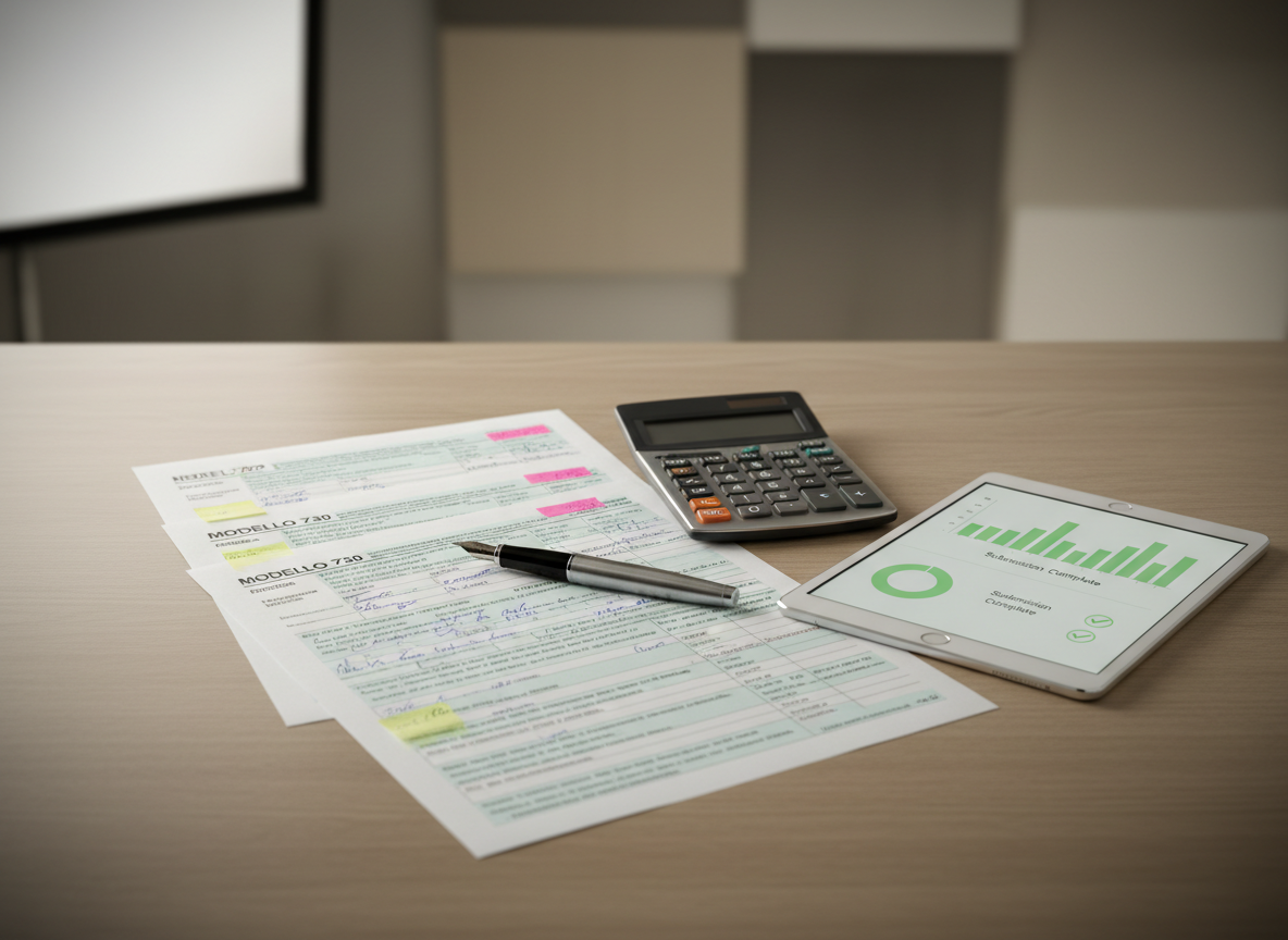 A close-up, photographic realism image of a neatly arranged set of financial documents spread across a light oak table in a professional studio setting. Prominently displayed are Italian tax forms labeled “Modello 730” and “ISEE”, each crisply printed and partially filled, with tidy handwriting and clean margins. A high-quality calculator, metal fountain pen, and color-coded sticky notes highlight key numbers and dates. Beside them, a slim tablet shows a minimalist dashboard with green checkmarks and simple graphs. Soft, diffused studio lighting from the left creates gentle highlights on the paper texture and pen, with a subtle vignette focusing attention on the forms. The background is softly blurred in neutral tones, creating a calm, precise, and trustworthy atmosphere that emphasizes clarity in tax and accounting procedures.