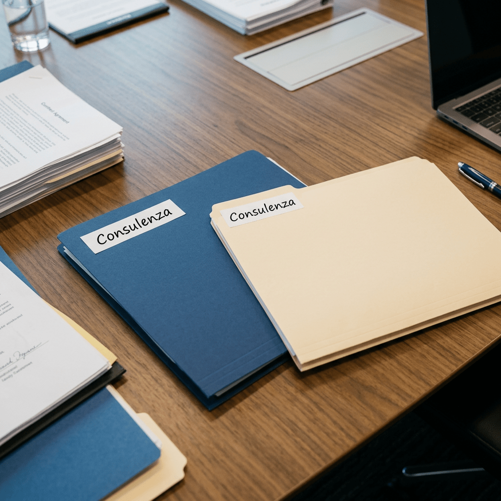 Close-up two folders labeled Consulenza